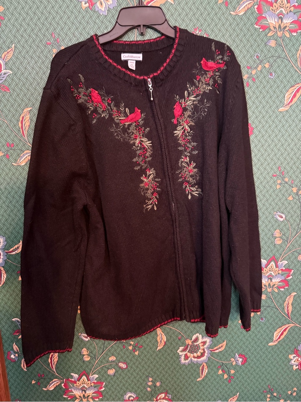 croft & barrow Black Zip Cardigan with Red Bird Embroidery